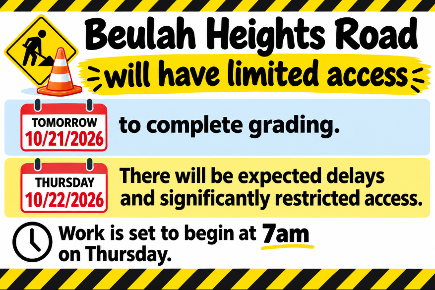 Beulah Heights Roadwork -Tomorrow and Thursday